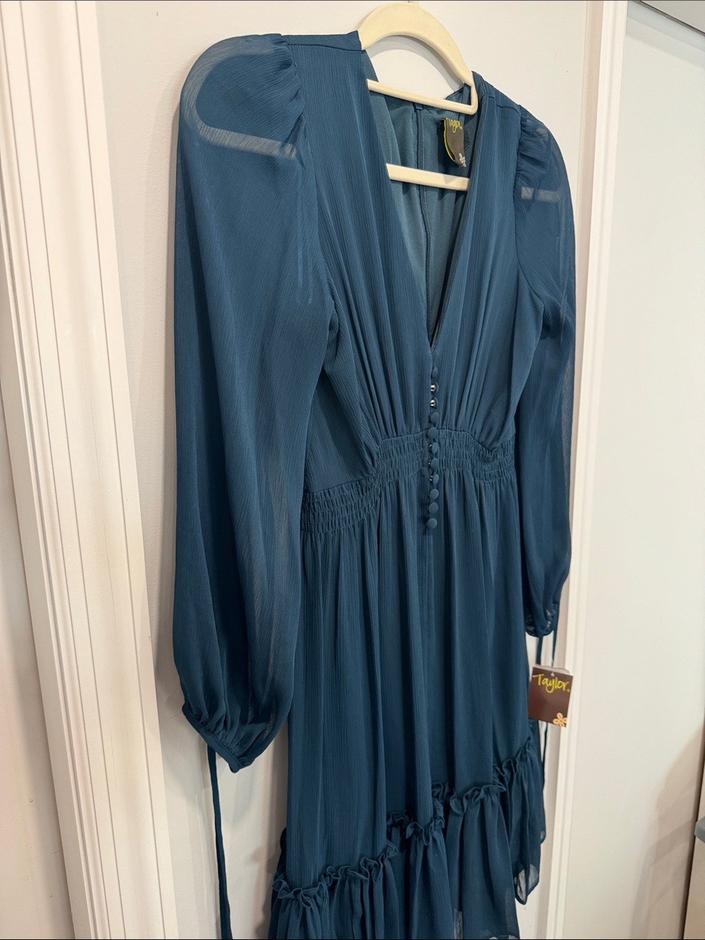 Taylor Deep Teal Long-Sleeve V-Neck Ruffle Hem Dress - Picture 4 of 8